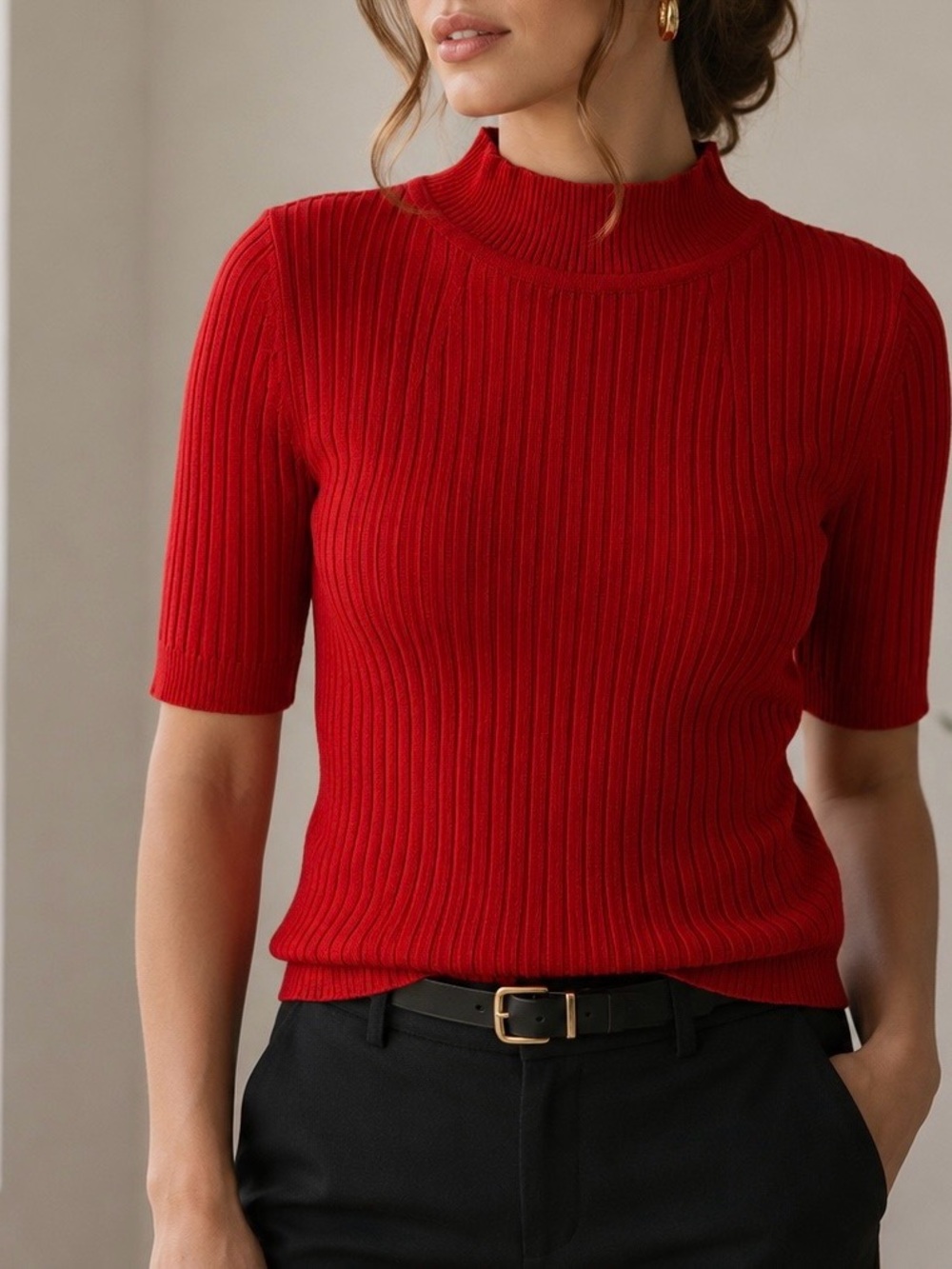 Therapy London Red Ribbed Mock Neck Knit Top – Short Sleeve Size S